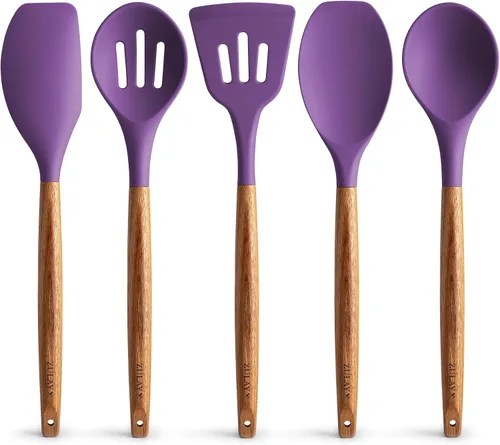 Miniatura 12 de Zulay Kitchen Juego de utensilios de cocina antiadherentes con auténticas asas de madera de acacia, juego de utensilios de cocina de silicona Sky