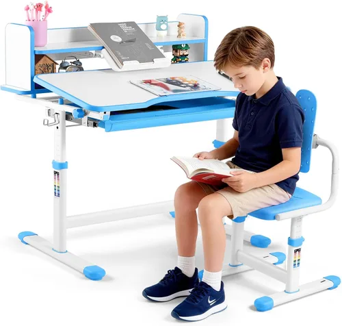 Artist hand Kids Desk and Chair Set, Height Adjustable Desk with 0-40° Tilting Desktop, 2-Tier Bookshelf, Tablet Stand, Drawer, Hook and Ergonomic