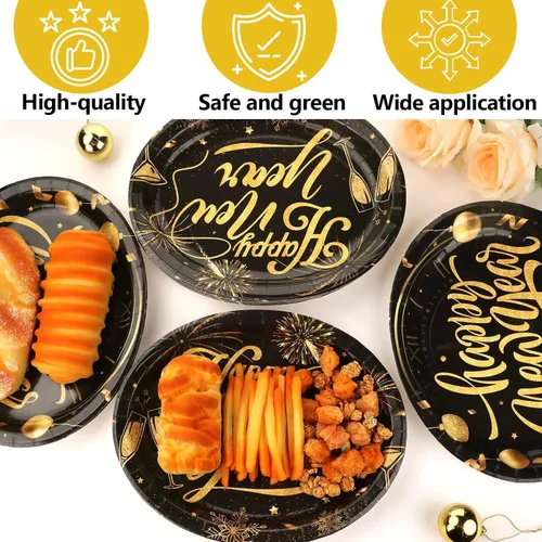 Miniatura 3 de 50 platos ovalados de papel de feliz año nuevo de 11 pulgadas, grandes, resistentes, negro y dorado, decoraciones de fiesta de Año Nuevo 2026