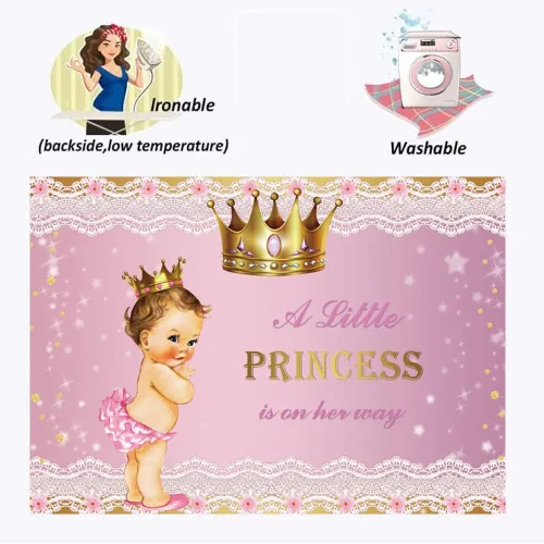 Miniatura 5 de Telón de fondo de princesa para baby shower para niña, 8 x 6 pies, corona dorada, encaje rosa, fondo de fotografía con texto en inglés "A Little