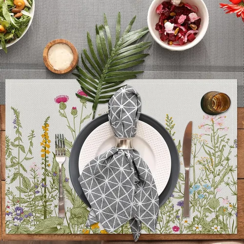 Miniatura 2 de Juego de 6 manteles individuales vintage con flores silvestres de 12 x 18 pulgadas, manteles individuales de tela de lino con plantas de jardín