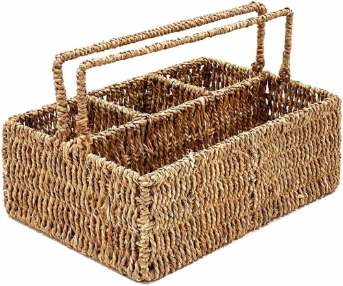 PEMAR Organizador grande de utensilios tejido a mano de tamaño L, soporte de mimbre de yute natural para mesa, juego de cocina, organizador de