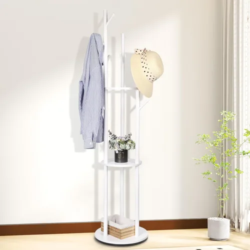 Miniatura 9 de Perchero de madera con 3 estantes y 9 ganchos, perchero giratorio independiente para entrada, dormitorio, sala de estar, pasillo, capacidad