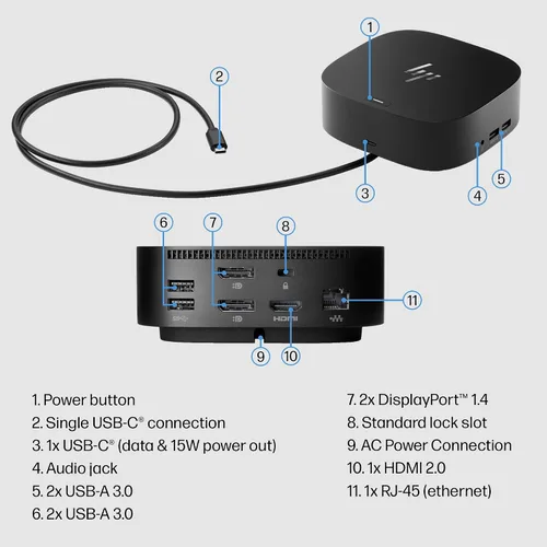 Miniatura 7 de HP USB-C Dock G5 - Adaptador 11-en-1 para portátiles, PC y notebooks con USB-C y Thunderbolt - Un solo cable para carga, red o transferencia