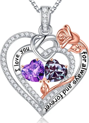 Iefil Collares de corazón de rosa, regalos para ella, collar de plata de ley 925 con piedra natal, regalos de aniversario de cumpleaños para