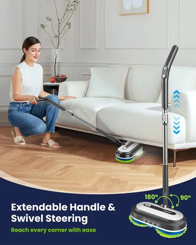 Miniatura 9 de Blonex Limpiador de piso inalámbrico eléctrico, trapeador eléctrico giratorio con faros LED y rociador de agua, batería de larga duración, tanque