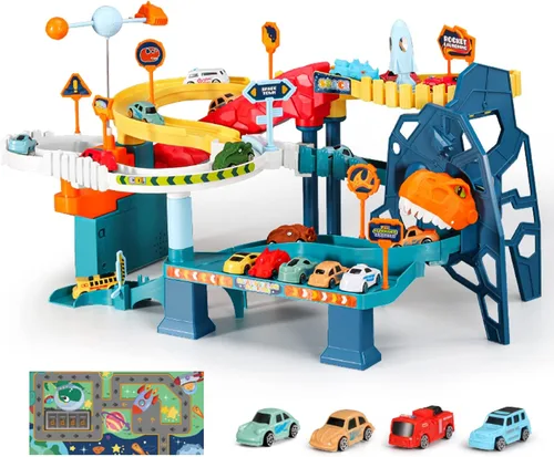 RedCrab Juego de autos espaciales para niños, juguete de pista de rampa de juguete sinuoso, juguete de colina de dinosaurios espaciales, juguetes