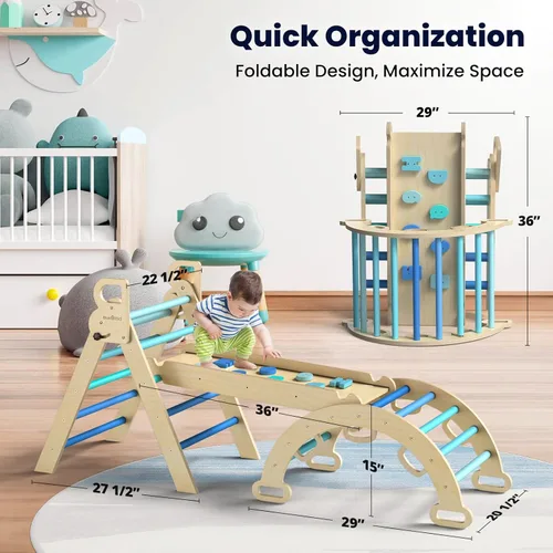Miniatura 5 de BlueWood Juego de Triángulo Pikler, 7 en 1 Plegable de Madera Juguetes de Escalada para Niños Pequeños Parque Infantil Interior Gimnasio de la Selva