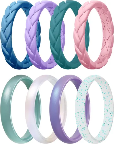 Miniatura 90 de Egnaro Anillos de boda de silicona para ella, conjuntos de novia de goma para mujer, bandas finas, diseño trenzado de hojas apilables con ranuras