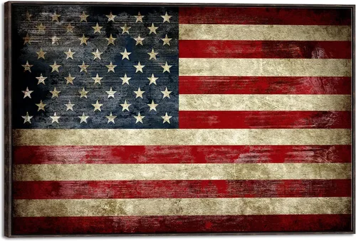 Pyradecor Arte de Pared con Marco de Nogal Extra Grande Bandera Americana Antigua Vintage Impresiones en Lienzo Cuadros Abstractos Pinturas para