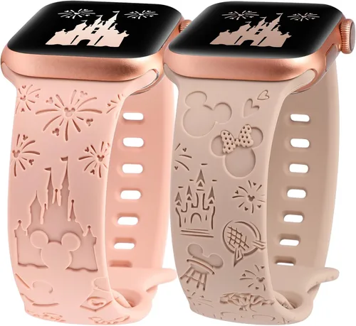 Miniatura 9 de 2 paquetes de correas grabadas con dibujos animados compatibles con Apple Watch de 38/40/41/42/44/45/46/49 mm, correa de silicona suave y linda