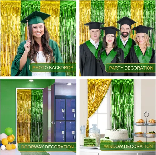 Miniatura 5 de LOLStar Paquete de 2 decoraciones de fiesta de graduación verde y dorado 2025, cortinas de flecos de aluminio de 3.3 x 6.6 pies, accesorios