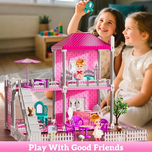 Miniatura 3 de JUKUDAHU Juego de villa para niñas de 3 a 7 años, juego de interior para niñas con 2 pisos, 3 habitaciones, 2 muñecas para edades de 6 a 8 años