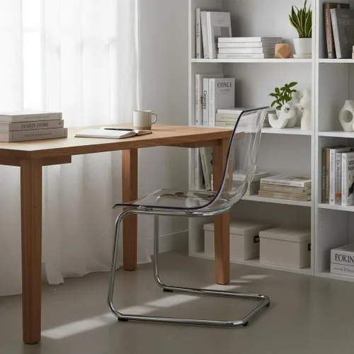 Silla fantasma moderna transparente, asiento de acrílico transparente sobre base de metal resistente, diseño curvado ergonómico para oficina en