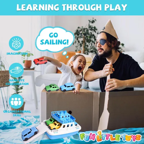 Miniatura 4 de FUN LITTLE TOYS Barco de juguete para baño para niños pequeños con 4 juguetes de mini autos, juguetes de agua para niños, barco de ferry