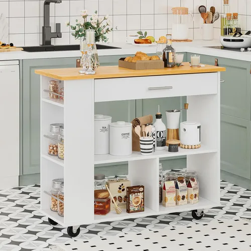 Miniatura 13 de SUNLEI Carrito de isla de cocina con ruedas con armario de almacenamiento y cajón, mesa de cocina con ruedas de 26 pulgadas de ancho, asa