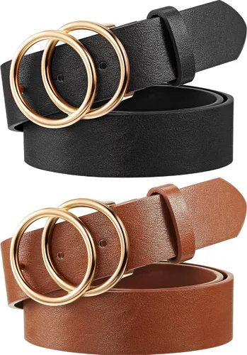 Syhood 2 Pieces Women Leather Belt Soft Faux Leather Jeans Belt Waist Belts for Jeans Dress with Double O-Ring Buckle