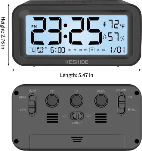 Miniatura 2 de Reloj despertador digital con luz nocturna, funciona con pilas, con temperatura interior y humedad, reloj pequeño de escritorio, modelo con función
