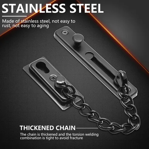 Miniatura 4 de Bonsicoky Paquete de 2 cerraduras de cadena de puerta con resorte, protector de cadena de seguridad de acero inoxidable, cerradura de prensa Negro
