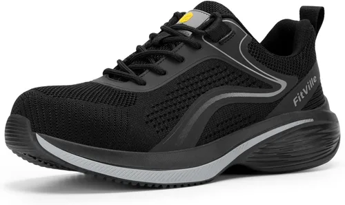 FitVille Tenis de punta de acero mediana ancha para mujer, zapatos de punta de acero compuestos anchos a prueba de pinchazos, zapatos de trabajo de