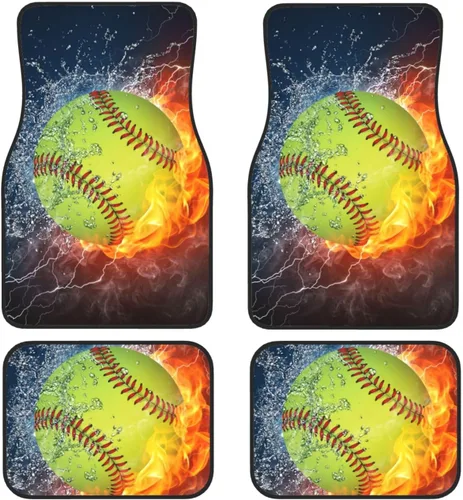 Juego de 4 alfombrillas para piso de automóvil, softbol, béisbol en fuego y agua, estampadas, almohadillas para pies, impermeables, antideslizantes,