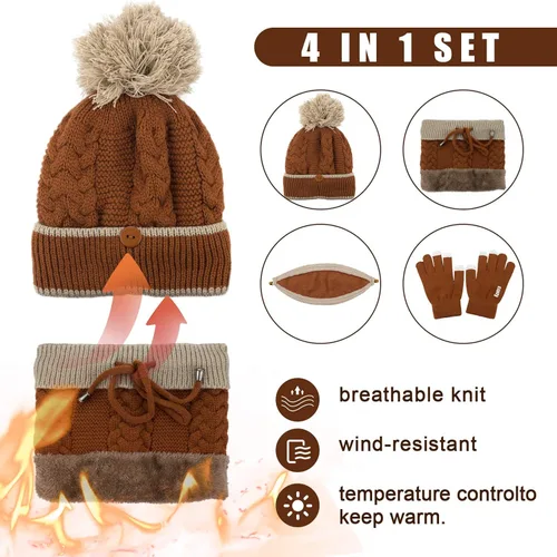 Miniatura 2 de Gorro de punto de invierno con bufanda y cubierta facial, guantes de pantalla táctil para mujer, gorro de calavera con pompón y forro polar