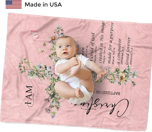 Miniatura 2 de MDPrints - Manta rosa de bautismo para niñas, regalos de bautismo personalizados para niñas, mantas de bebé personalizadas para niñas con nombre