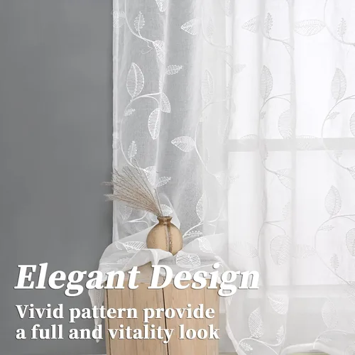 Miniatura 5 de YoungsTex Cortinas Transparentes con Diseño de Hojas de 63 Pulgadas de Largo para Ventana de Sala de Estar, Cortinas de Encaje Blanco Ligeras