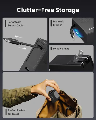 Miniatura 7 de Gitryin Cargador de pared USB C de 40 W con cable retráctil integrado, bloque de carga rápida plegable 2 en 1, artículos esenciales de viaje