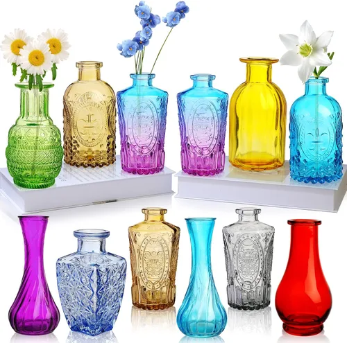 Juego de 12 jarrones de cristal de colores, pequeños jarrones vintage a granel, mini jarrón vintage para centro de mesa, oficina, jardín, hogar,