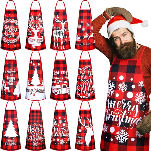 Suhine 12 delantales de Navidad a granel rojo y negro a cuadros, delantales rústicos ajustables de cocina con patrones y palabras para adultos,