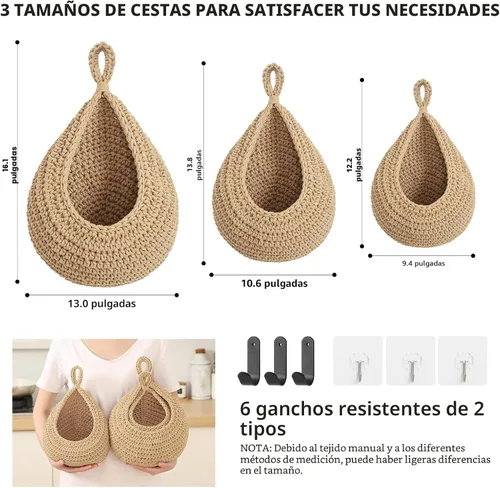 Miniatura 4 de Canastas colgantes de frutas boho para pared de cocina, paquete de 3, contenedor tejido para productos con 6 piezas de ganchos fuertes, cesta de lino