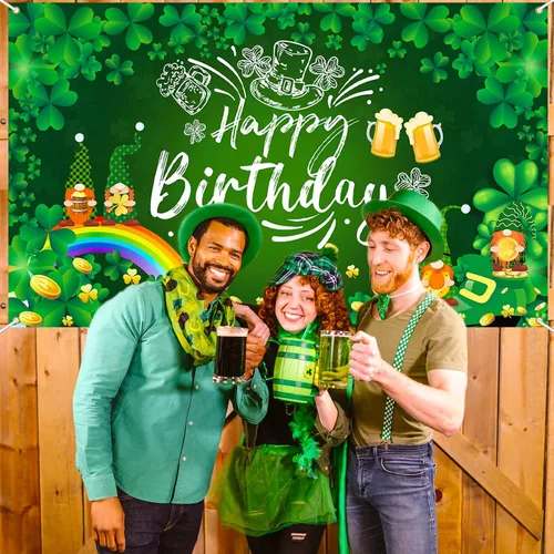 Miniatura 2 de Decoraciones de cumpleaños del día de San Patricio, pancarta de fondo de feliz cumpleaños del día de San Patricio, trébol de la suerte, trébol