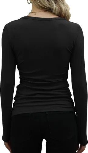 Miniatura 3 de GEMBERA Camisas básicas ajustadas de manga larga acanaladas con cuello redondo para mujer