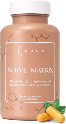 Lune Suplemento de apoyo nervioso Nerve Matrix - Fórmula diaria para hormigueo, ardor y entumecimiento en pies y manos - con R-ALA, curcumina,