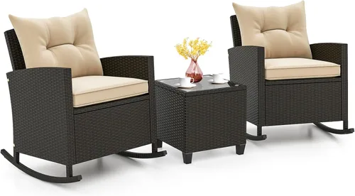 KOTEK Juego de 3 piezas de muebles de patio, mecedoras de mimbre para exteriores y mesa de cristal, juego de conversación de ratán PE para porche,