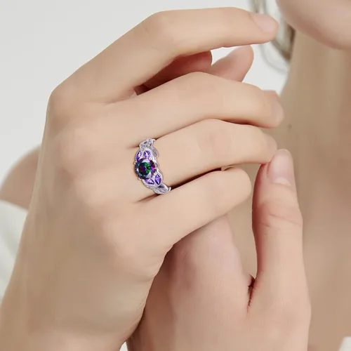 Miniatura 6 de Anillo de compromiso de plata de ley 925 de 3.6 quilates para mujer, topacio arcoíris zafiro aguamarina Anillo de compromiso para mujer