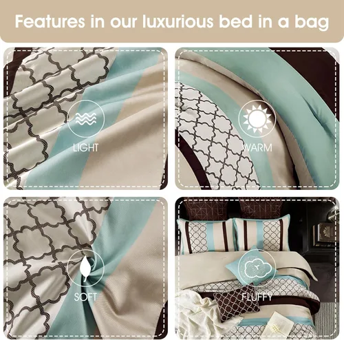 Miniatura 7 de Grand Avenue Juego de edredón tamaño Queen color marrón aguamarina, ropa de cama jacquard de 8 piezas con sábanas, ropa de cama bordada ultrasuave