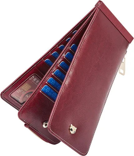 Miniatura 8 de FOXLOVER Portatarjetas de crédito múltiples para mujer, con bloqueo RFID, cartera de cuero para mujer con bolsillo con cremallera, rojo vino