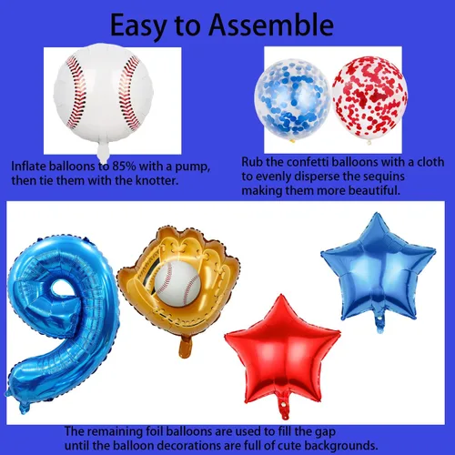 Miniatura 3 de Globos de béisbol de papel de aluminio para decoración de cumpleaños, globos con el número 9, globos de confeti de estrella roja y azul para Béisbol