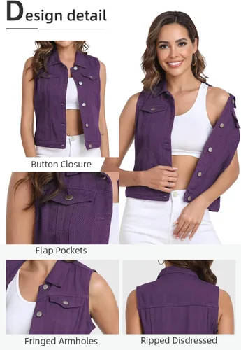 Miniatura 37 de Xeoxarel Chaleco de mezclilla para mujer, chaqueta vaquera sin mangas (XS-XXL)