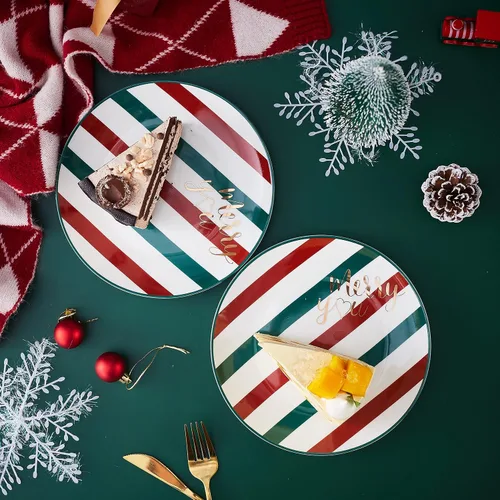 Miniatura 3 de Platos de Cena de Navidad de China Ósea - Platos de Postre - Platos de Ensalada Juego de 4, Apto para Lavavajillas (Rayado, 20.3 cm)