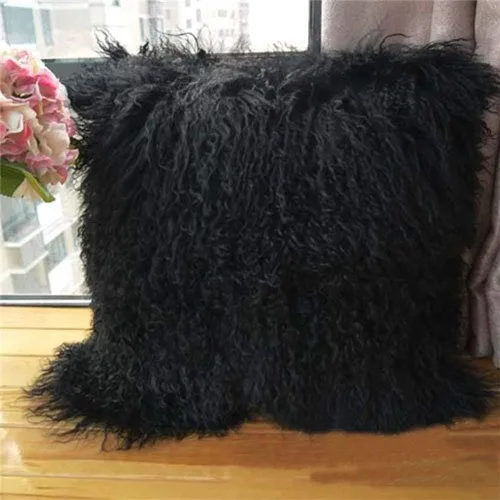 Seek4comfortable Funda de almohada de piel de cordero mongol 100% real, de 18 x 18 pulgadas, funda de almohada decorativa de piel para sala de Negro