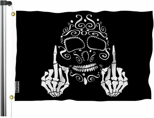 Swono Bandera de calavera con diseño de esqueleto con dedo medio, bandera negra de 3 x 5 pies, bandera grande para exteriores e interiores, oficina