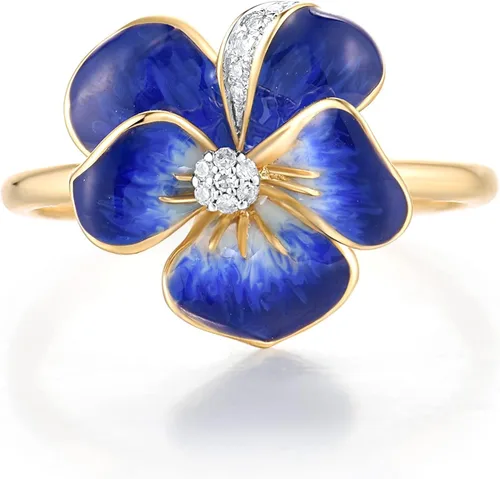 Miniatura 2 de Santuzza Anillo de diamante genuino de flor esmaltada de oro sólido amarillo de 10 quilates para mujer