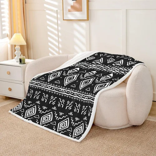 Miniatura 3 de Manta Decorativa Tribal Boho Azteca para Hombres y Mujeres, Manta de Vellón Étnica Bohemia Negro y Blanco de 50"X60", Manta Sherpa del Suroeste