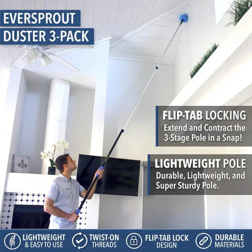 Miniatura 4 de EVERSPROUT Plumero de 5 a 12 pies, paquete de 3 con poste de extensión (alcance de más de 20 pies) Plumero de telaraña empaquetado a mano, plumero