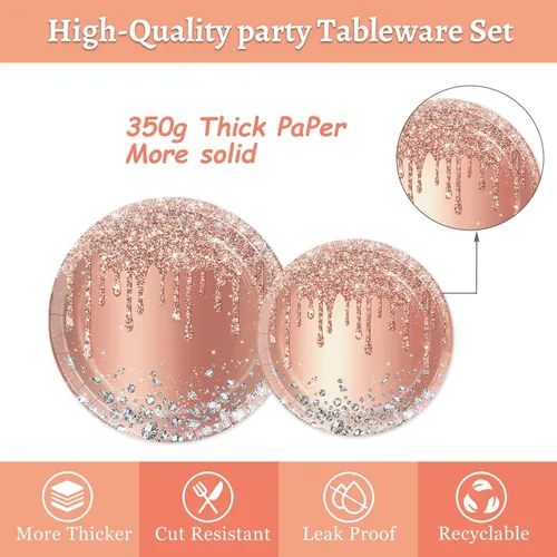 Miniatura 4 de Juego de platos y servilletas de fiesta de oro rosa, decoraciones de cumpleaños rosas, suministros temáticos de diamantes, sirve para 24 invitados