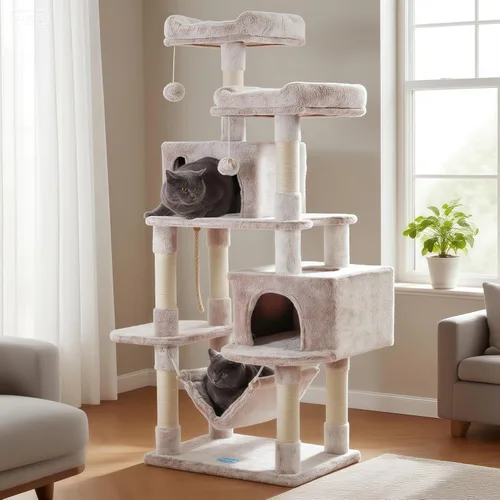 Miniatura 10 de Hey-brother - Mueble grande de casita de gato multinivel con postes rascadores cubiertos de sisal, 2 condominios de felpa más grandes, hamaca Beige