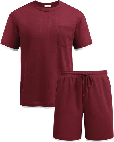 Miniatura 50 de COOFANDY Conjunto de camisa y pantalones cortos de gofre para hombre, conjunto de 2 piezas, conjunto casual de verano con bolsillos